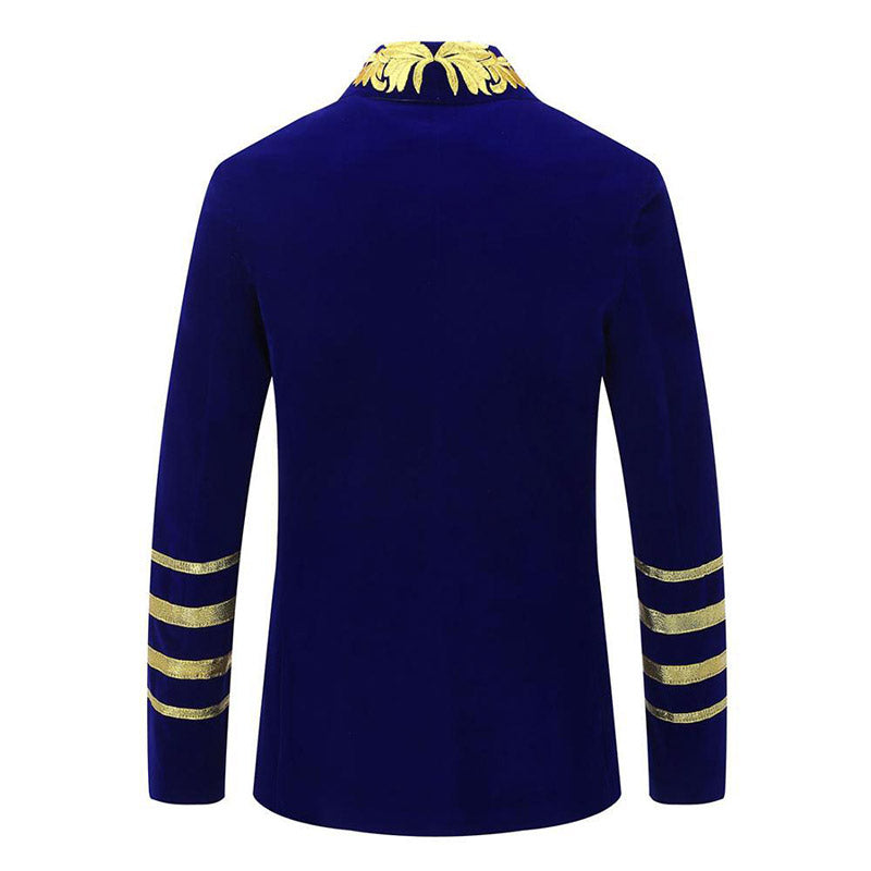 Men's Gold Floral Embroided Collar Court Style Navy Blue Jakcet