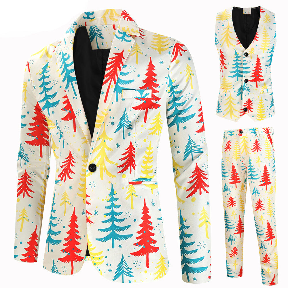 Men's 3-Piece Christmas Trees Printed White Suit