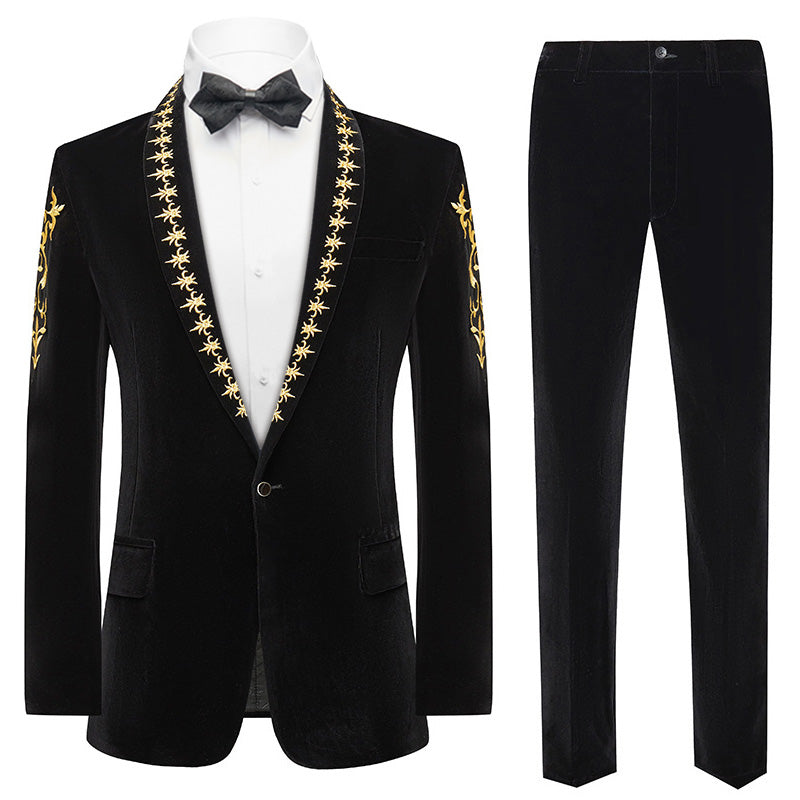 Mens 2-Piece Gold Embroidered Velvet Black Dinner Jacket