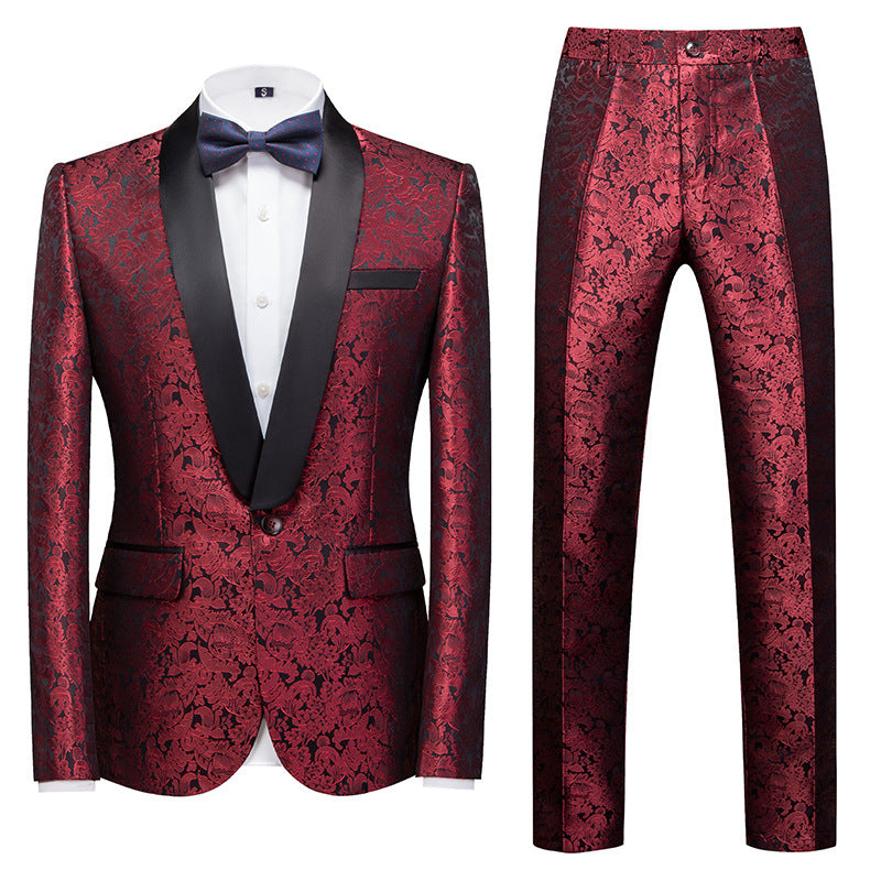 Mens 2-Piece Shawl Lapel Jacuard Burgundy Tuxedo Suit