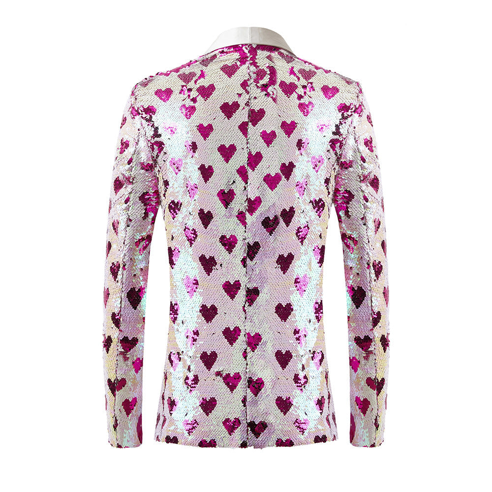 Men's Rosy Hearts Design Full Sequin White Tuxedo Jacket