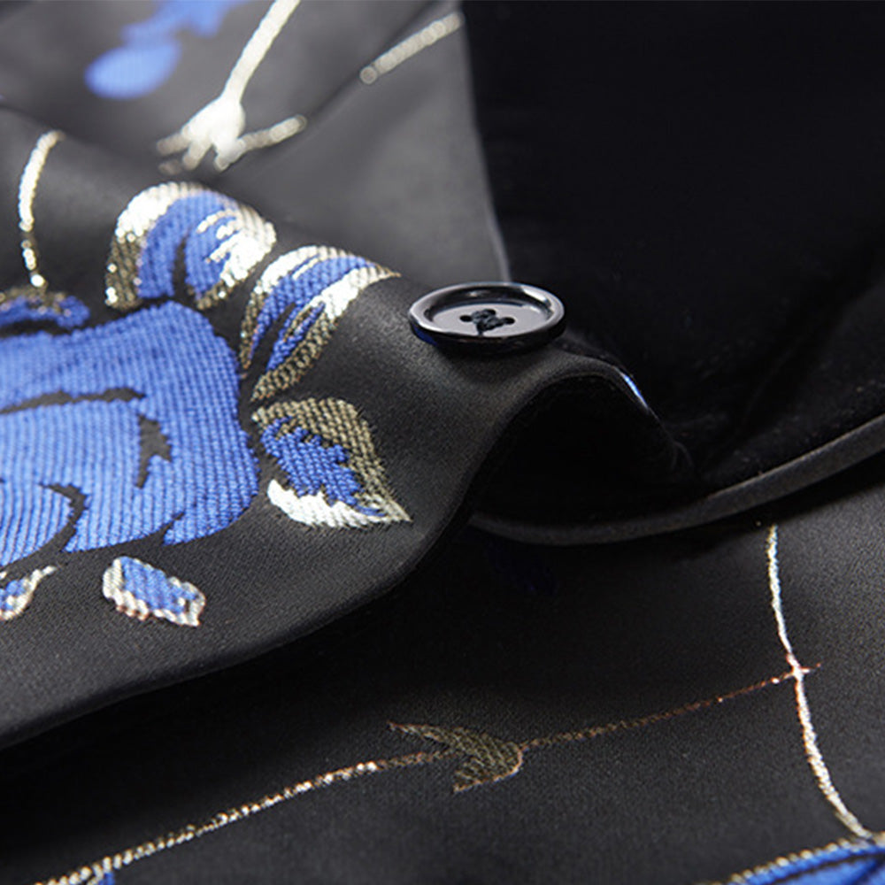 Men's 3-Piece Shawl Collar Blue Floral Jacquard Black Suit