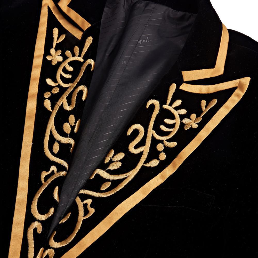Men's Gold Embroidered Peak Lapel Black Velvet Dinner Jacket
