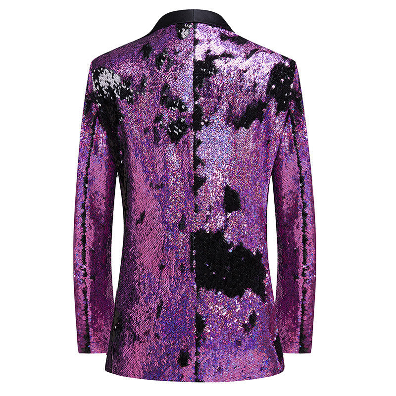 Men's Reversible Full Sequin Purple Prom Suit with Black Dots Decoration