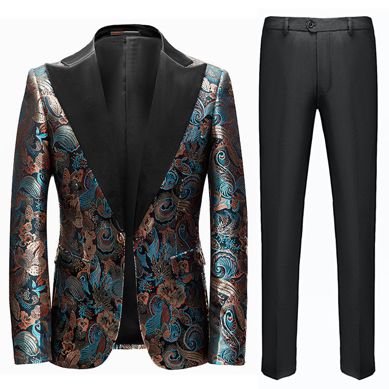 Men's Botanical Jacquard Peak Lapel Dark Teal Tuxedo