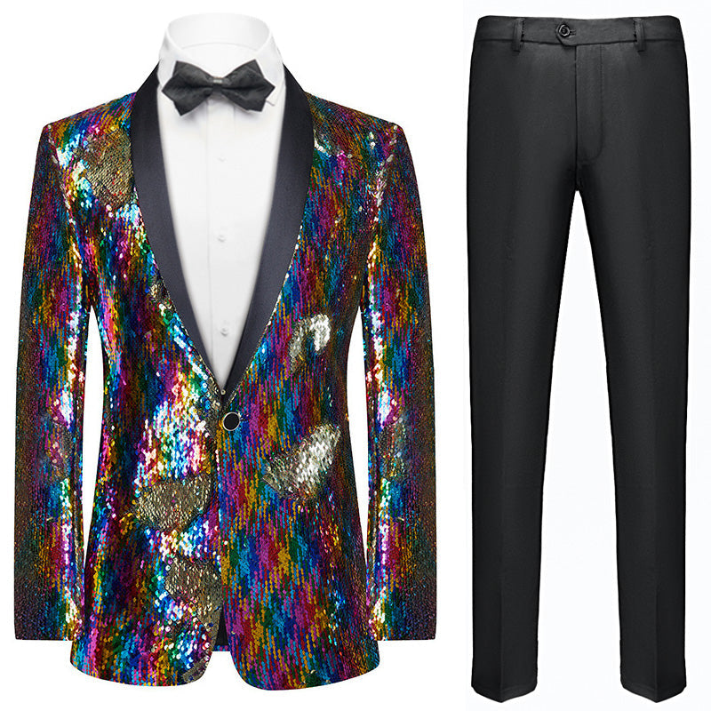 Men's Shawl Lapel Full Sequin Rainbow Tuxedo Jacket