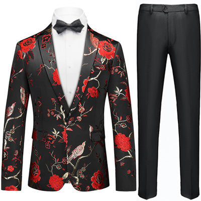 Men's 2-Piece Golden Red Birdsong Forest Embroidery Suit