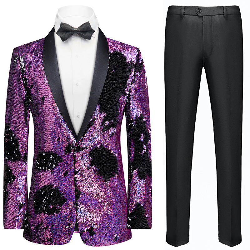 Men's Reversible Full Sequin Purple Prom Suit with Black Dots Decoration
