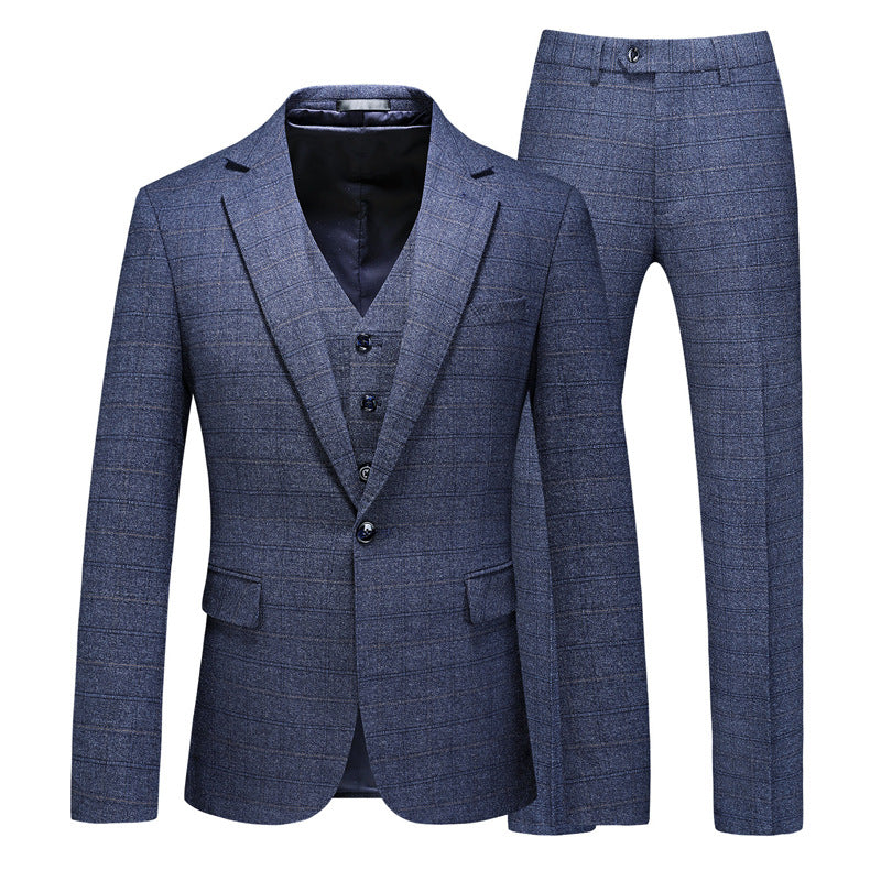 Men’s 3-Piece Subtile Geometric Grid Style Blue Suit