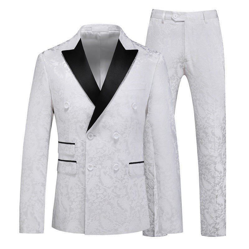 Men's 3-Piece Jacquard Peak Lapel Double Breasted White Tuxedo