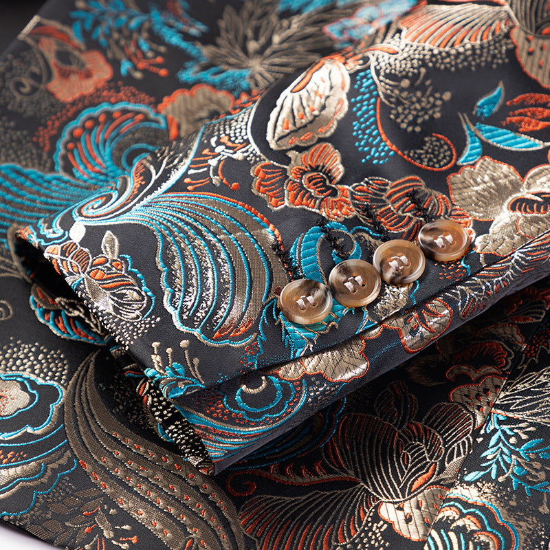 Men's Botanical Jacquard Peak Lapel Dark Teal Tuxedo