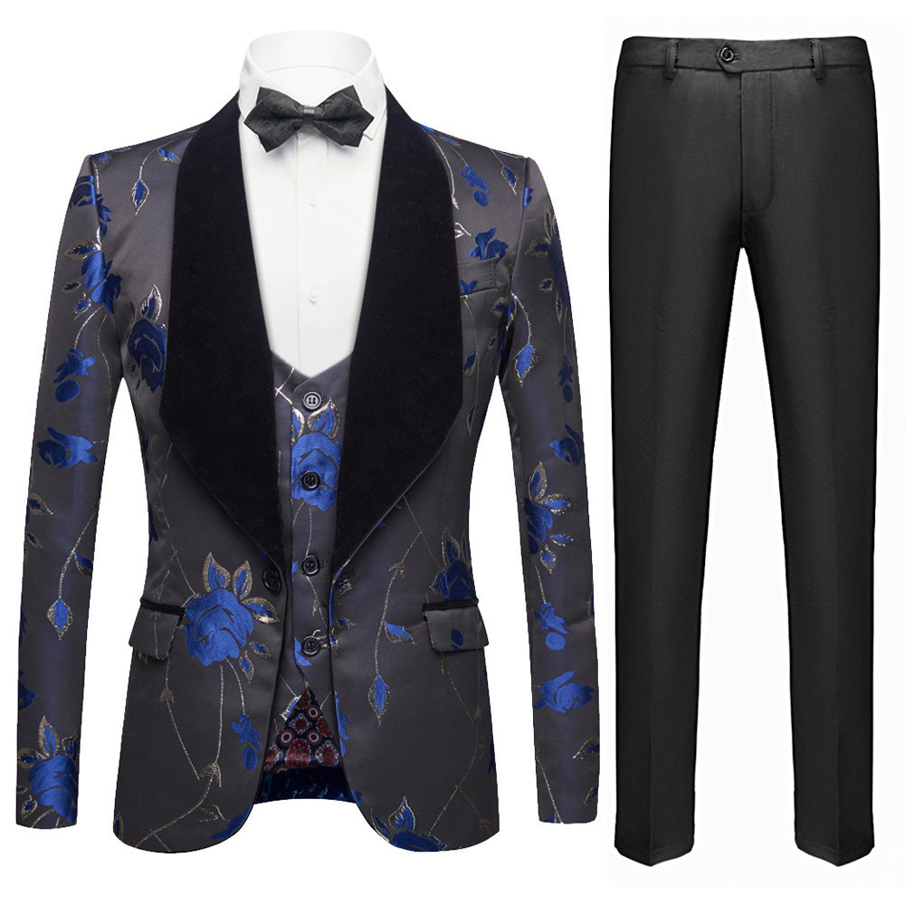 Men's 3-Piece Shawl Collar Blue Floral Jacquard Black Suit