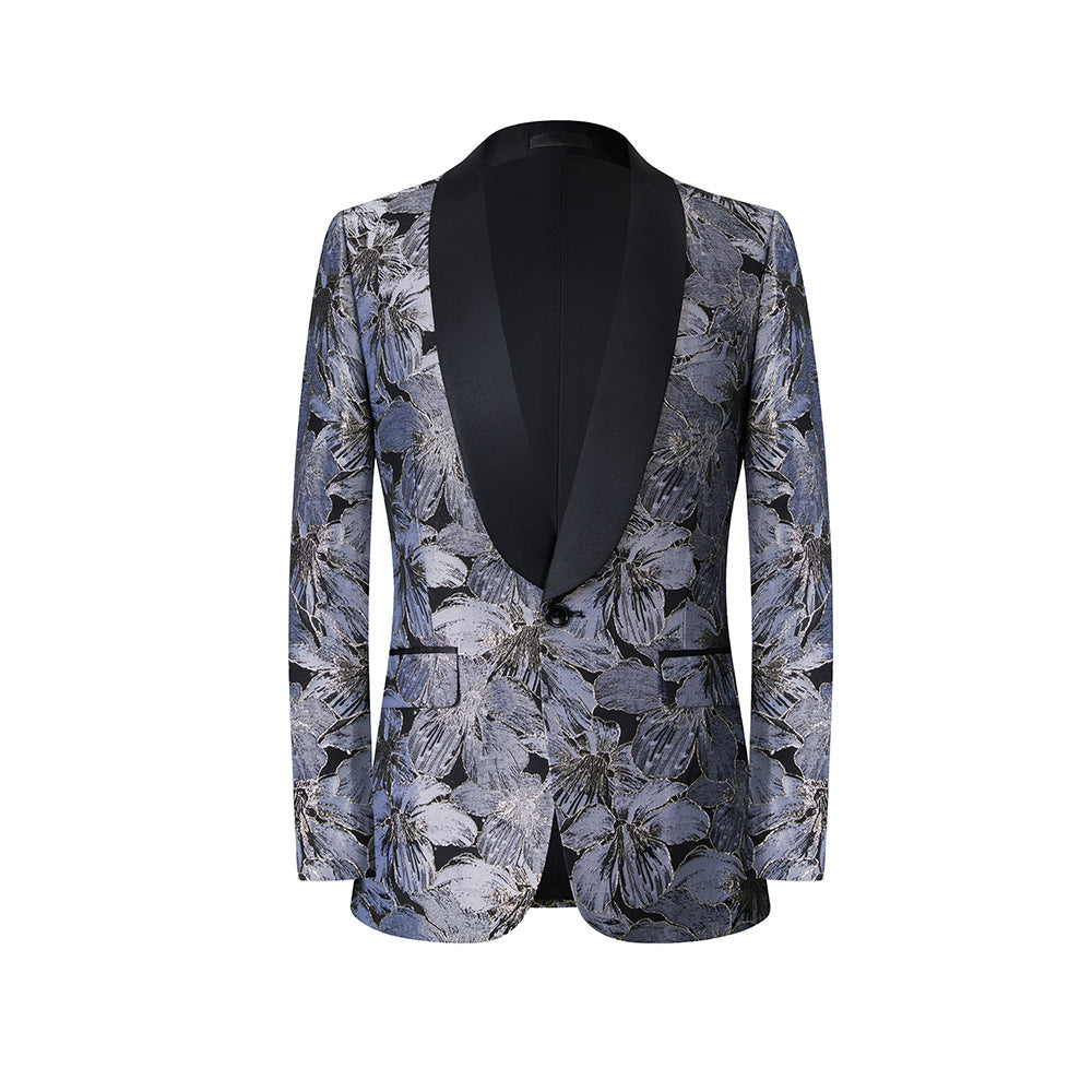 Men's Black Shawl Collar Floral Embroidery Silver Tuxedo