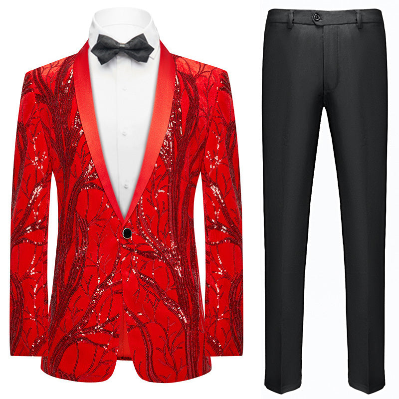 Men's 2-Piece Branch Embroidered Sequin Full Red Tuxedo Jacket