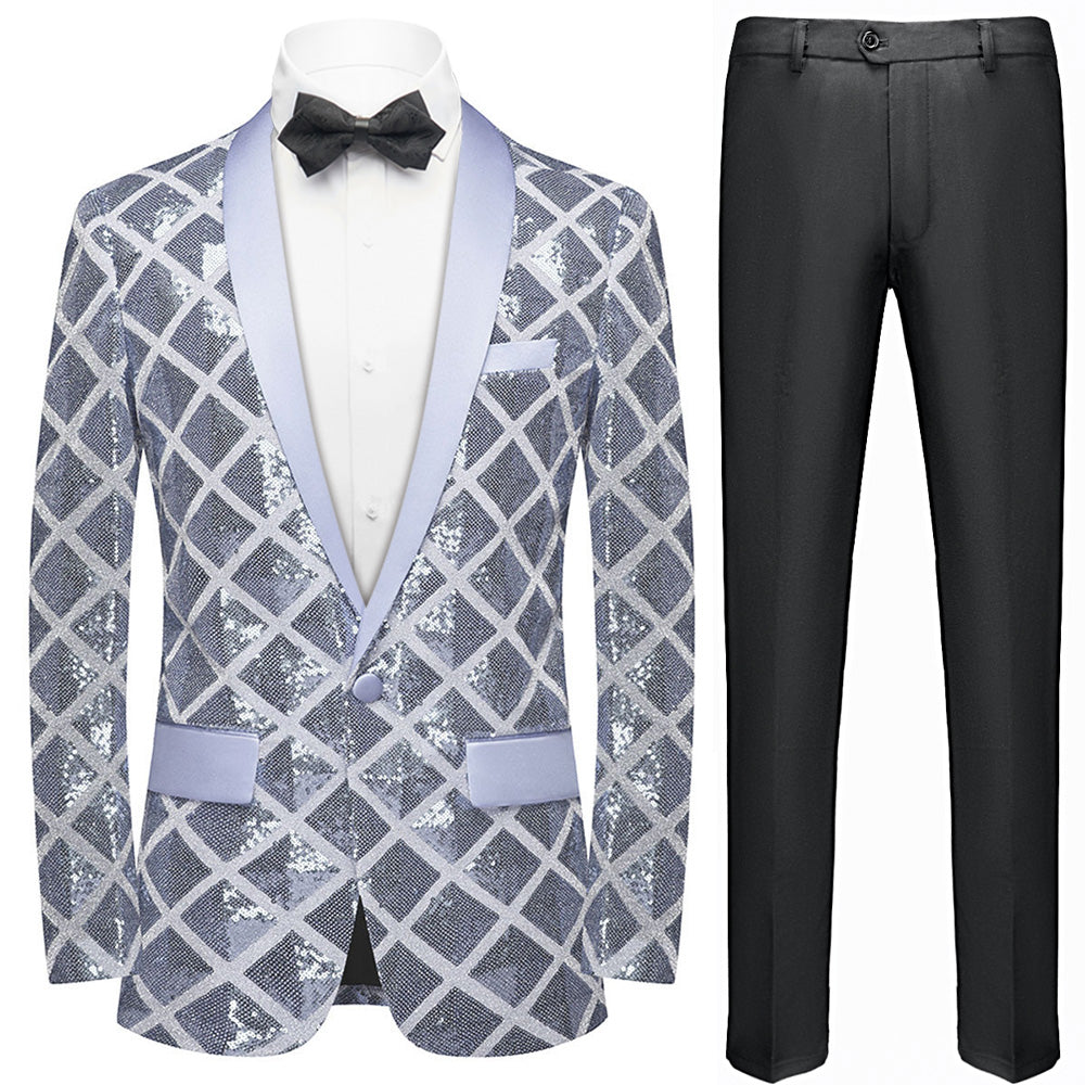 Men's Shimmering Argyle Pattern Silver Tuxedo Jacket
