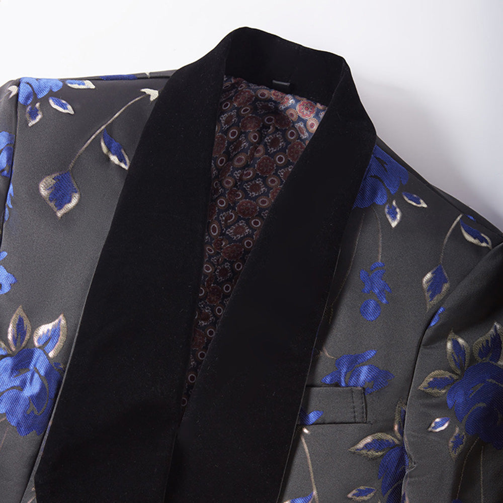 Men's 3-Piece Shawl Collar Blue Floral Jacquard Black Suit