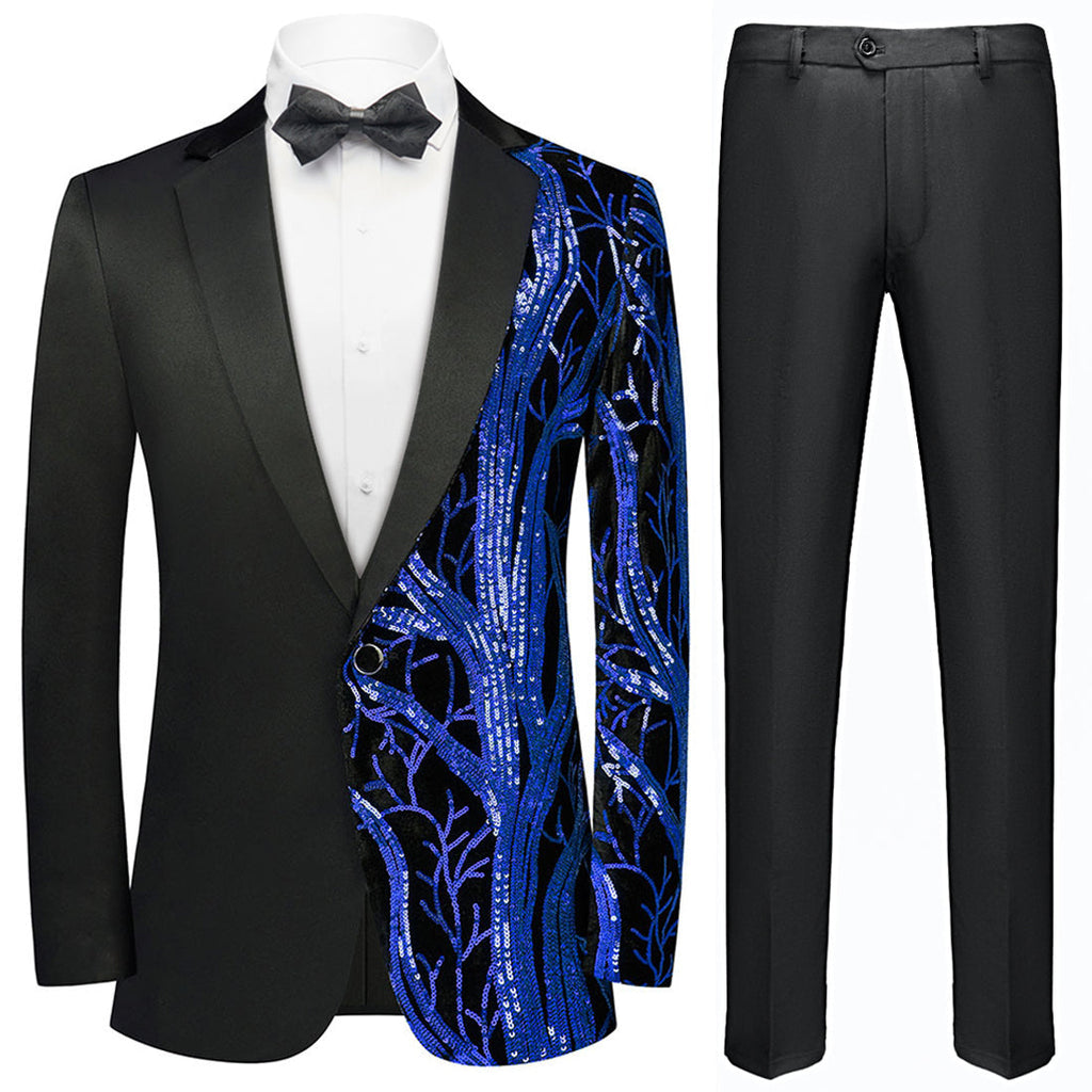 Men's 2-Piece Suit Blue Shimmering Branches Black Tuxedo