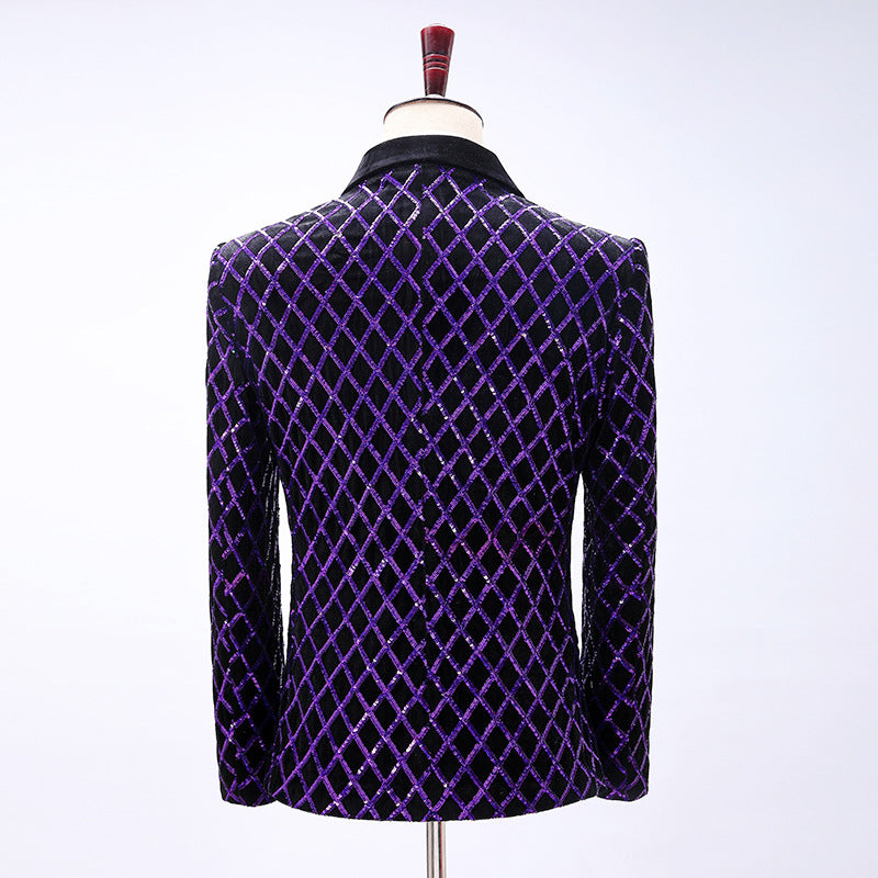Men's Sequin Purple Diamond Embroidered Black Tuxedo
