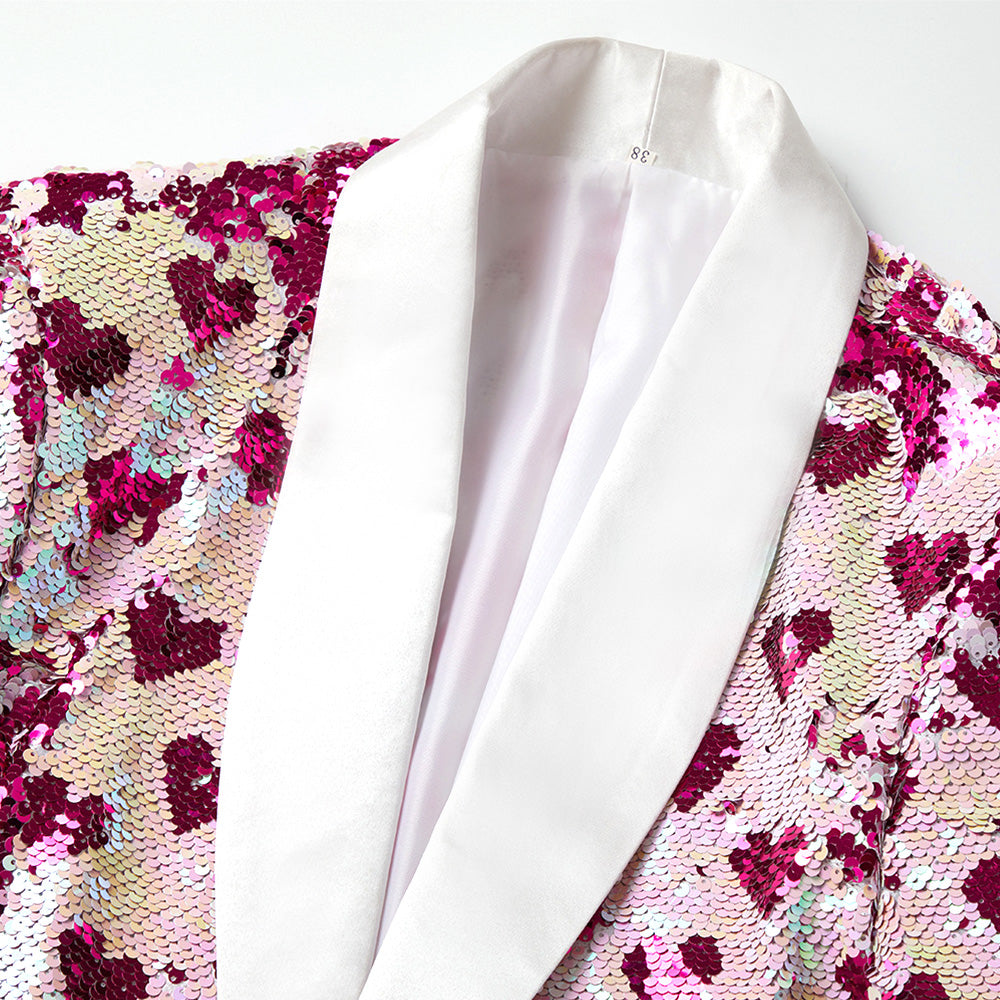 Men's Rosy Hearts Design Full Sequin White Tuxedo Jacket