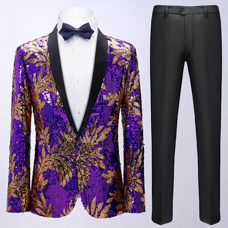 Men's Full Sequin Purple Tuxedo with Gold Olive Leaf Patterns
