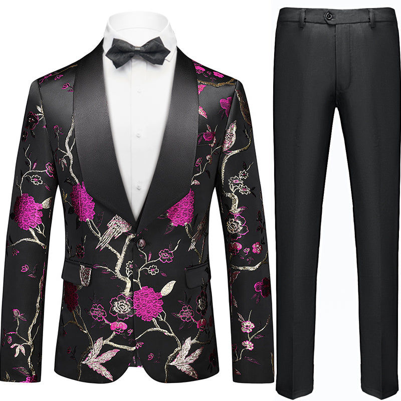 Men's 2-Piece Golden Magenta Birdsong Forest Embroidery Shawl Collar Suit
