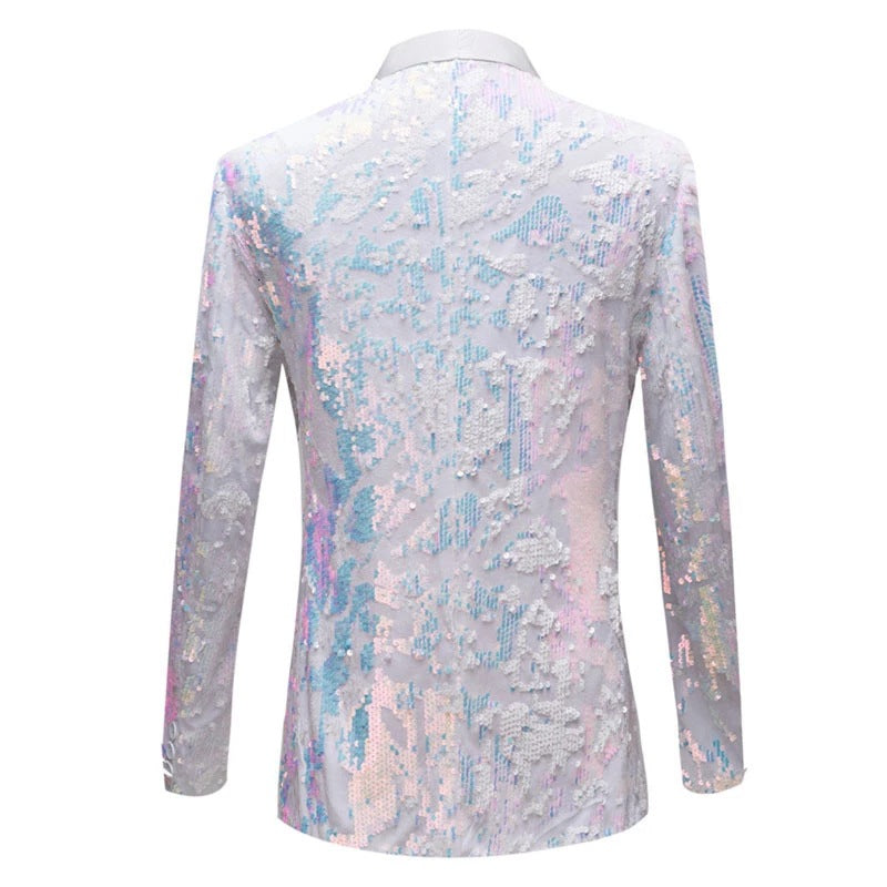 Men's Slim Fit Tuxedo Jacket Embroidery Sequin Jacket White