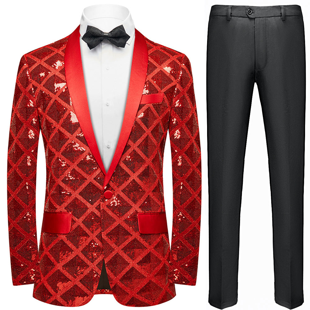 Men's Shimmering Argyle Pattern Red Dinner Jacket