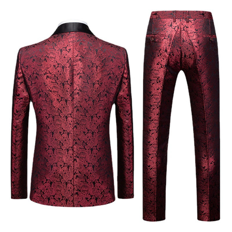 Mens 2-Piece Shawl Lapel Jacuard Burgundy Tuxedo Suit
