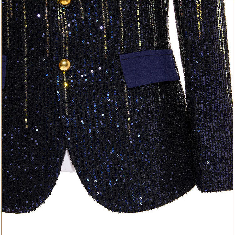 Men's Gold Sequin Tassel Navy Blue Dinner Jacket for Stage