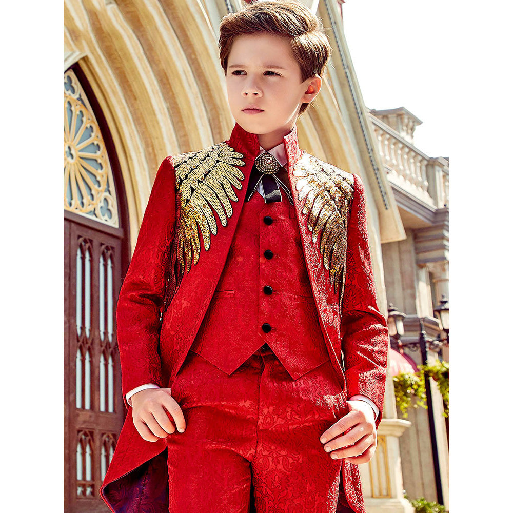 Boy's 3-Piece Suit Jacquard Tuxedo With Gold Wing