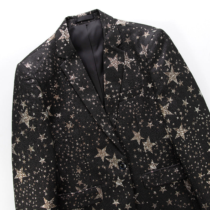 Men's Peak Lapel Gold Stars Printed Black Tuxedo Jacket
