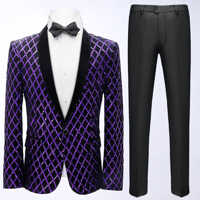 Men's Sequin Purple Diamond Embroidered Black Tuxedo