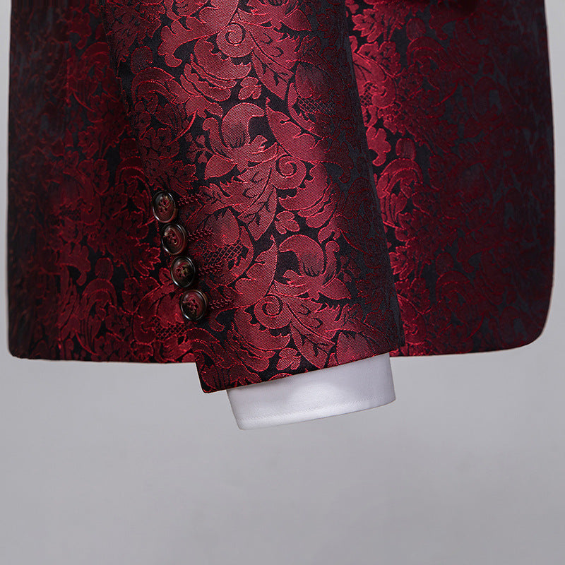 Mens 2-Piece Shawl Lapel Jacuard Burgundy Tuxedo Suit