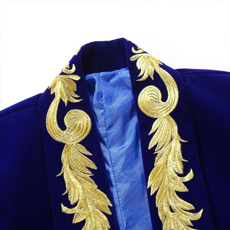 Men's Gold Floral Embroided Collar Court Style Navy Blue Jakcet