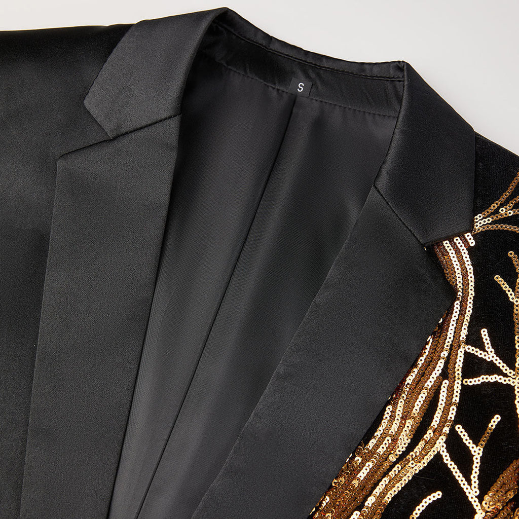 Men's 2-Piece Branch Embroidered Gold Sequin Black Tuxedo Jacket
