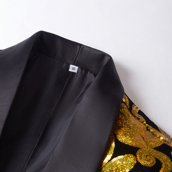 Men's Gold Sequin Floral Embroidery Shawl Collar Black Tuxedo