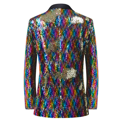 Men's Shawl Lapel Full Sequin Rainbow Tuxedo Jacket