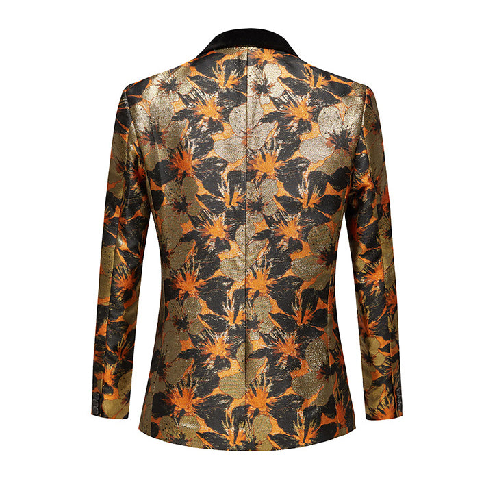 Men's 2-Piece Gold and Black Floral Jacquard Shawl Collar Tuxedo