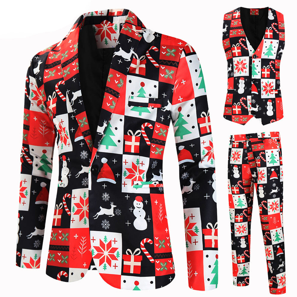 Men's 3-Piece Christmas Element Printed Red Suit