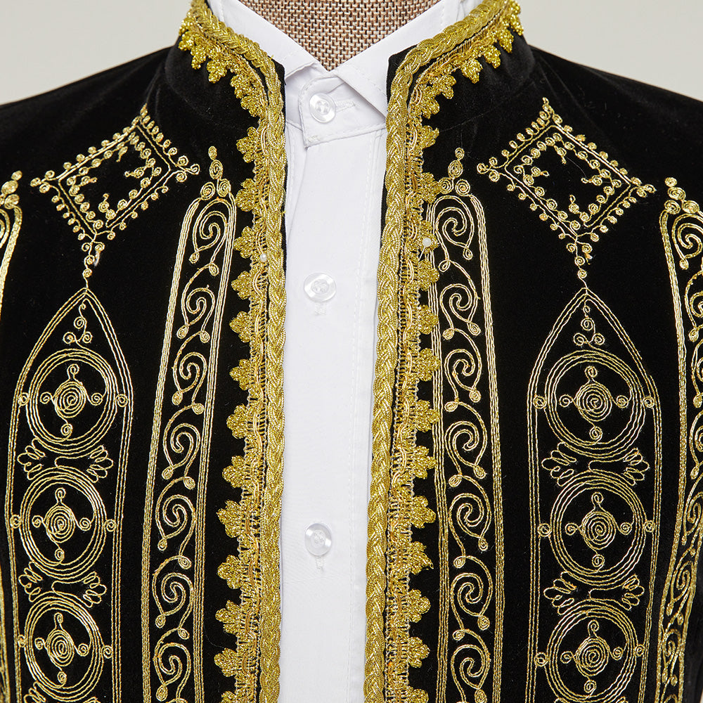 Men's Luxury Gold Embroided Court Style Black Tuxedo Jacket