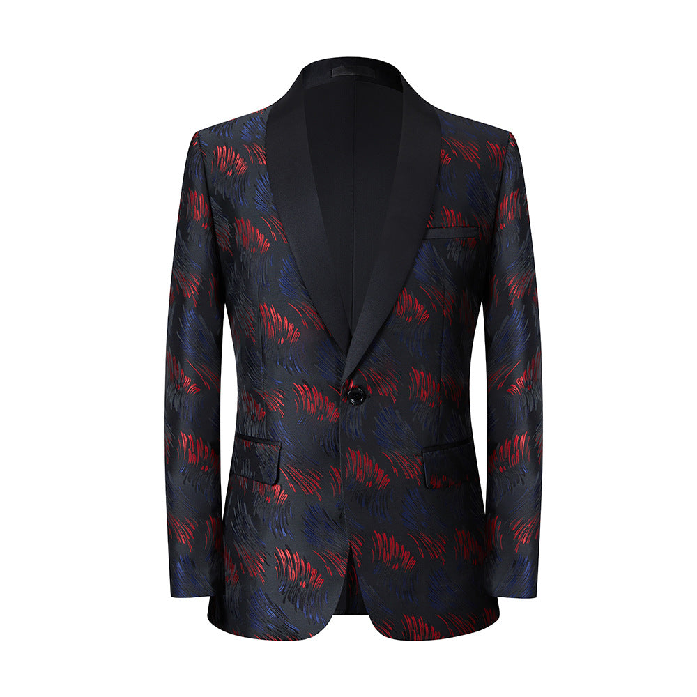 Men's Jacquard Embroidered Textured Burgundy Digital Print Navy Blue Tuxedo Jacket