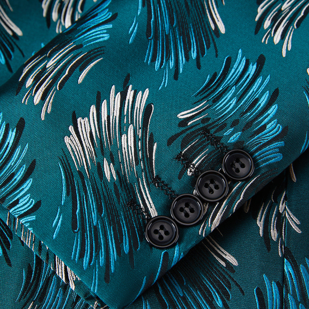 Men's Jacquard Embroidered Textured Digital Print Dark Teal Tuxedo Jacket