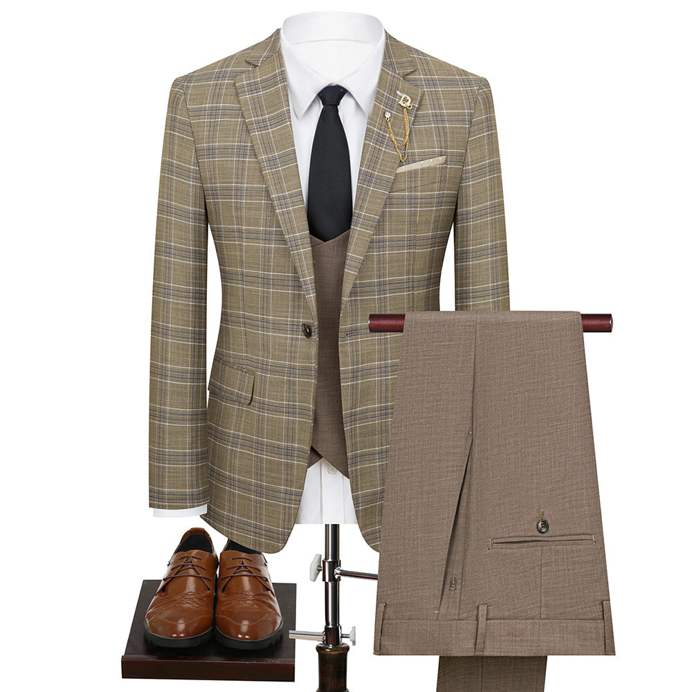 Men's 3-Piece One Button Fashionable Plaid Brown Suit