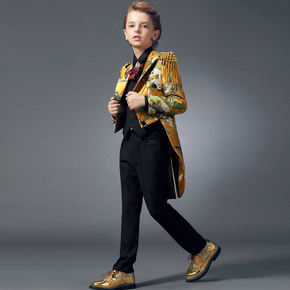 Boy's 3-Piece Suit Embroidered Tuxedo Swallowtail Yellow