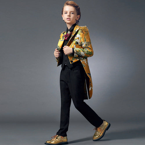 Boy's 3-Piece Suit Embroidered Tuxedo Swallowtail Yellow