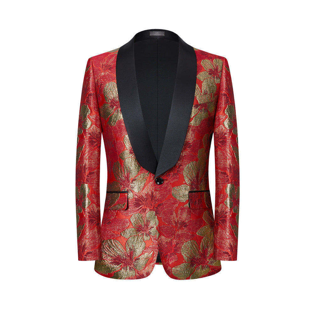 Men's Gold and Red Flower Embroidered Red Tuxedo Jacket