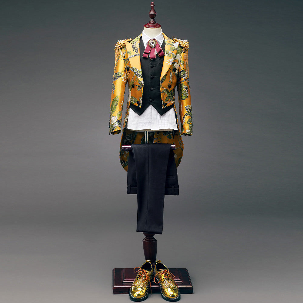 Boy's 3-Piece Suit Embroidered Tuxedo Swallowtail Yellow