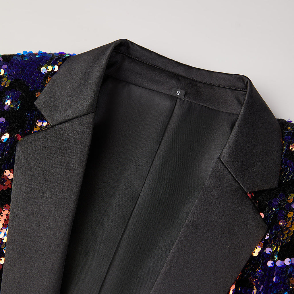 Men's Fashion Full Sequin Embroidered Dark Purple and Black Blazer