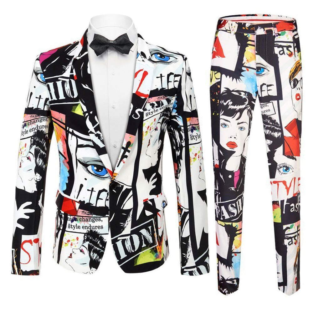 Men's 2-Piece Fashion Portrait Graffiti Print Casual Suit