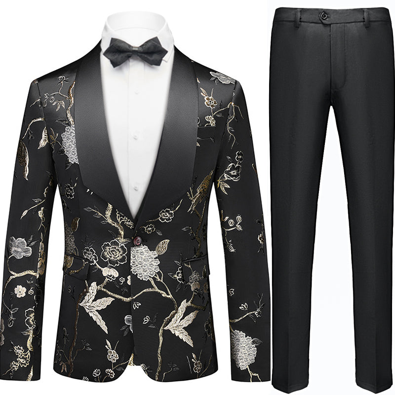 Men's 2-Piece Golden Birdsong Forest Embroidery Shawl Collar Suit